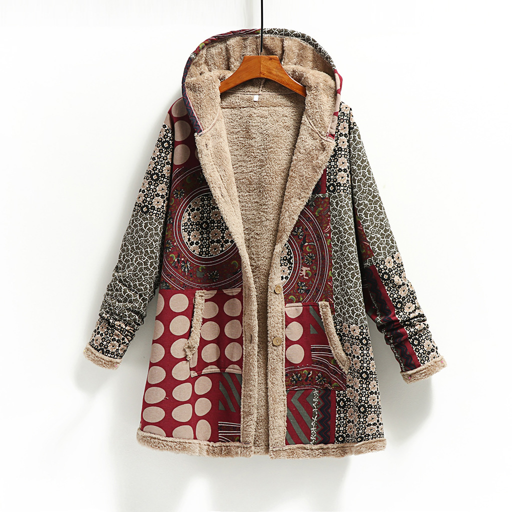 Cotton and Linen Printed Hooded Insulated Plush Jacket