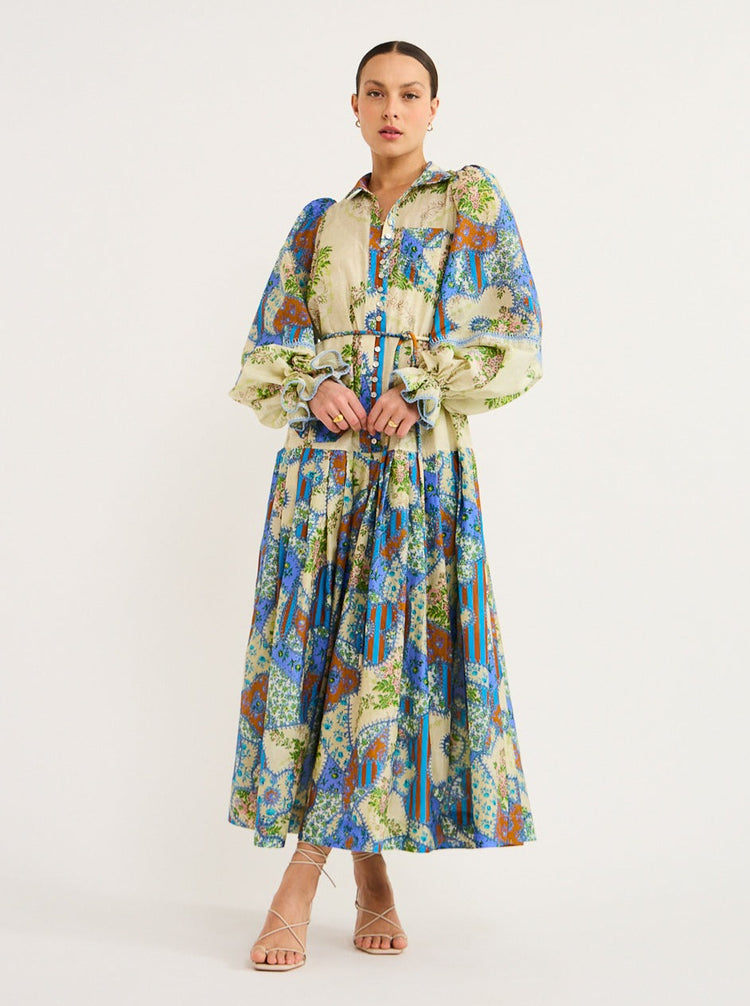 Long lotus leaf sleeve graffiti printed button dress