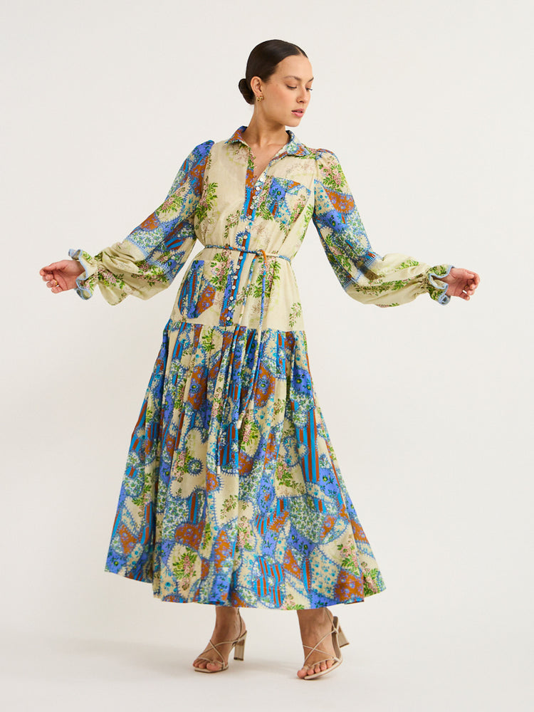 Long lotus leaf sleeve graffiti printed button dress