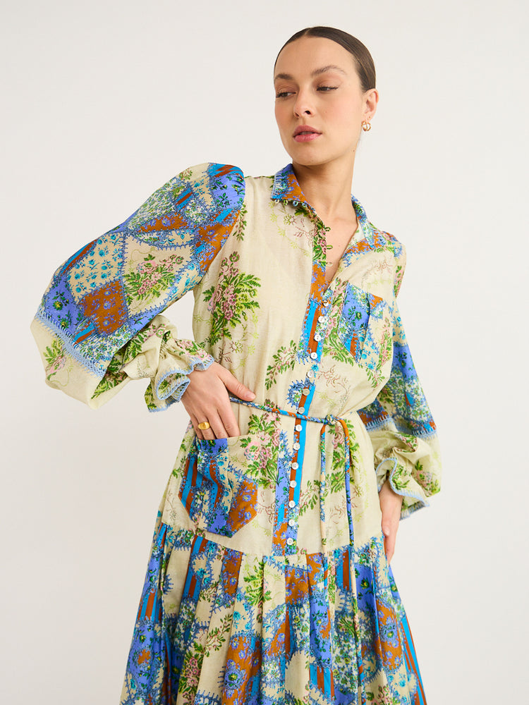 Long lotus leaf sleeve graffiti printed button dress