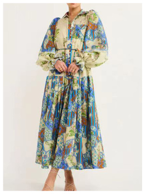 Long lotus leaf sleeve graffiti printed button dress