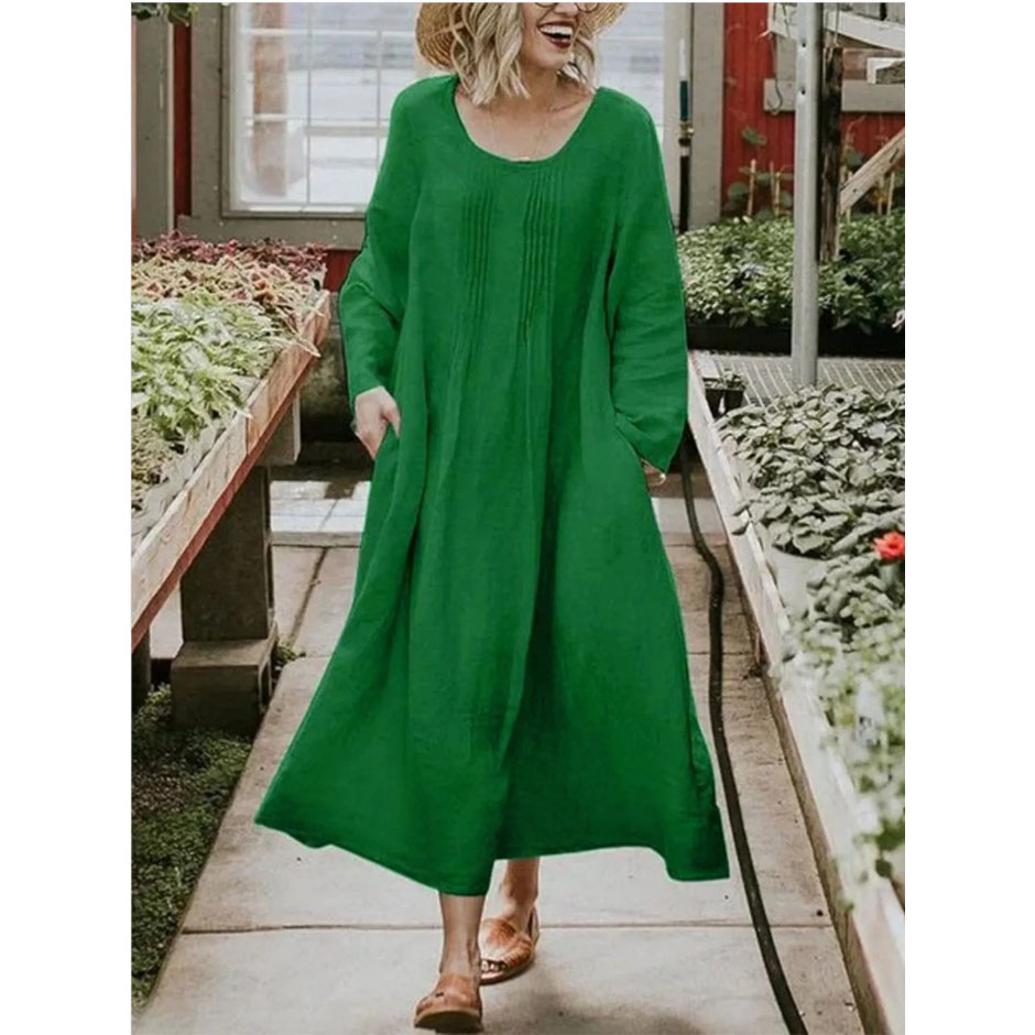 Solid color long-sleeved cotton linen dress