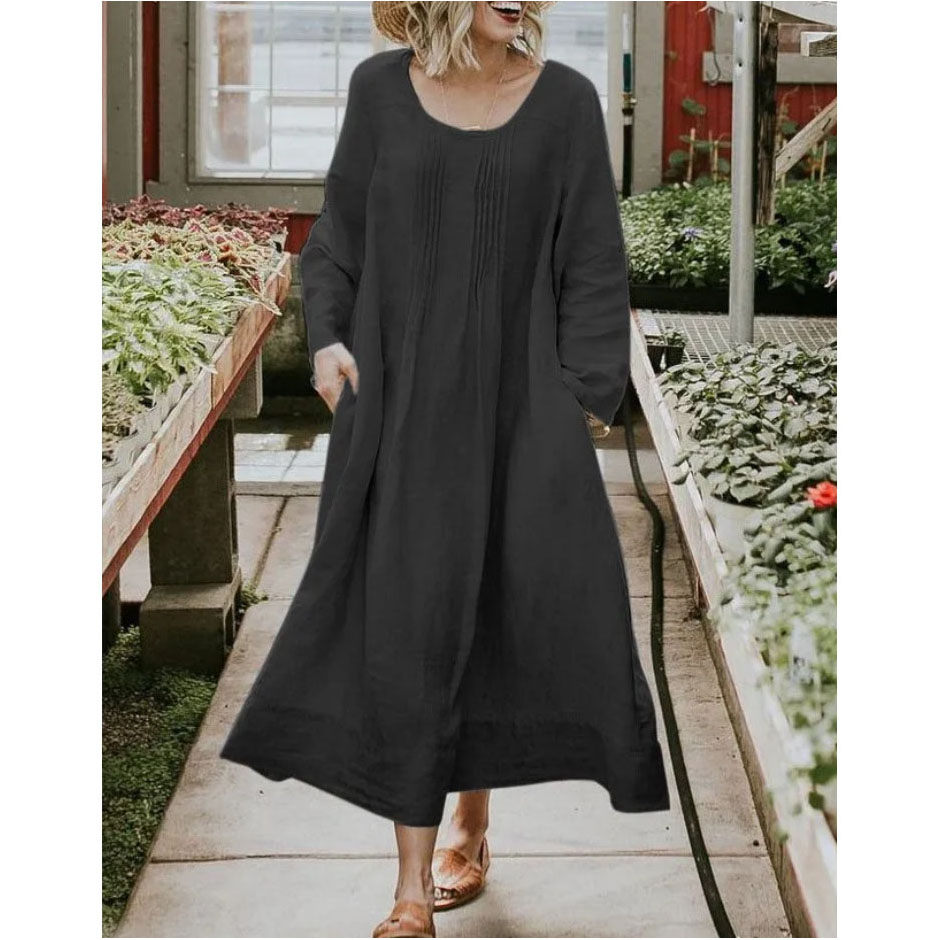 Solid color long-sleeved cotton linen dress