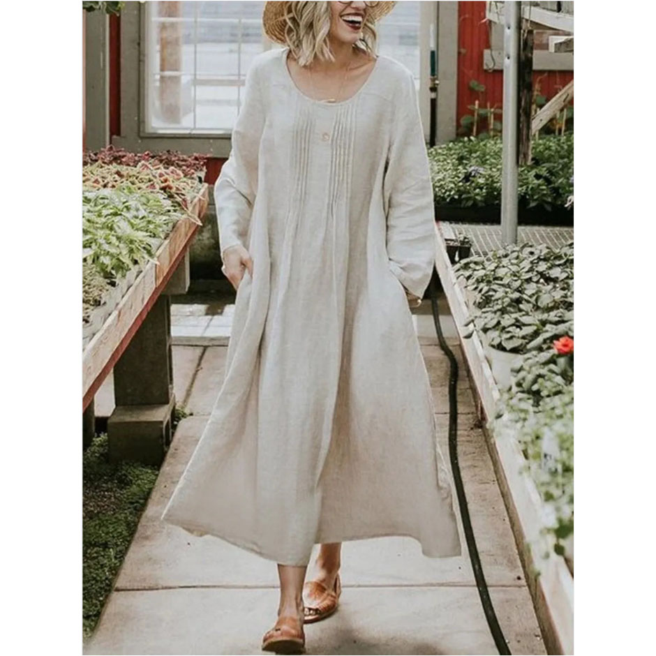 Solid color long-sleeved cotton linen dress