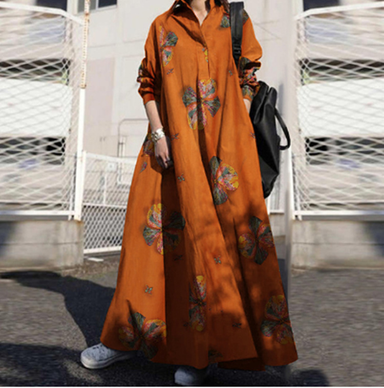 Cotton and linen printed loose long-sleeved dress with swing