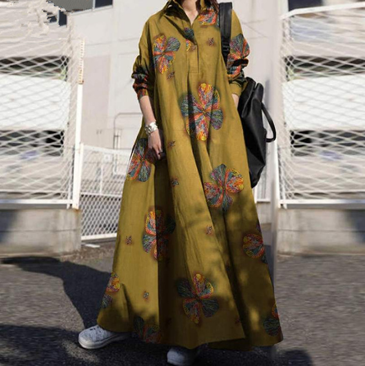 Cotton and linen printed loose long-sleeved dress with swing