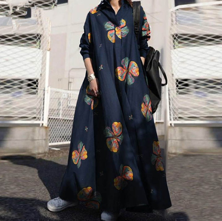 Cotton and linen printed loose long-sleeved dress with swing