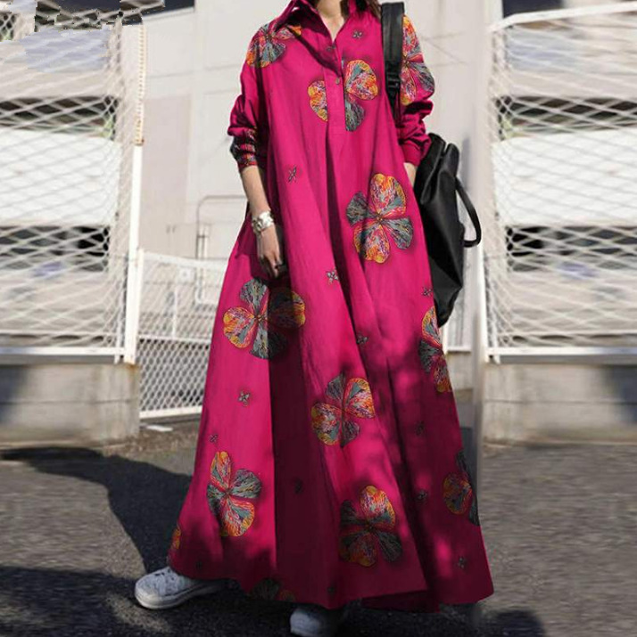 Cotton and linen printed loose long-sleeved dress with swing