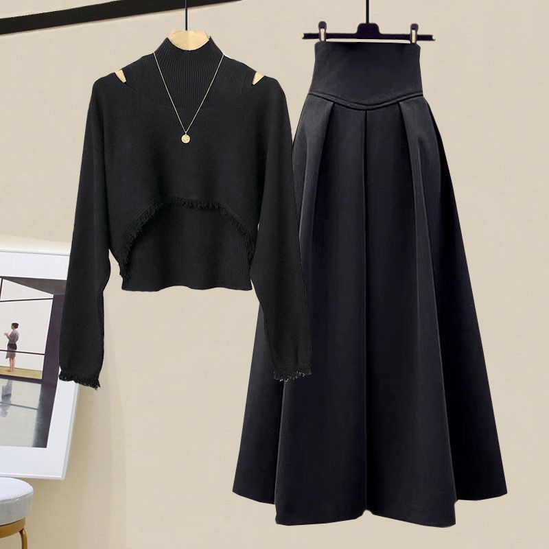 New Wear Design Knit Cowl Half Body Skirt Three Piece Set