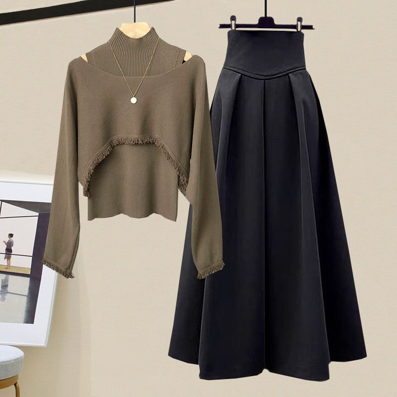 New Wear Design Knit Cowl Half Body Skirt Three Piece Set