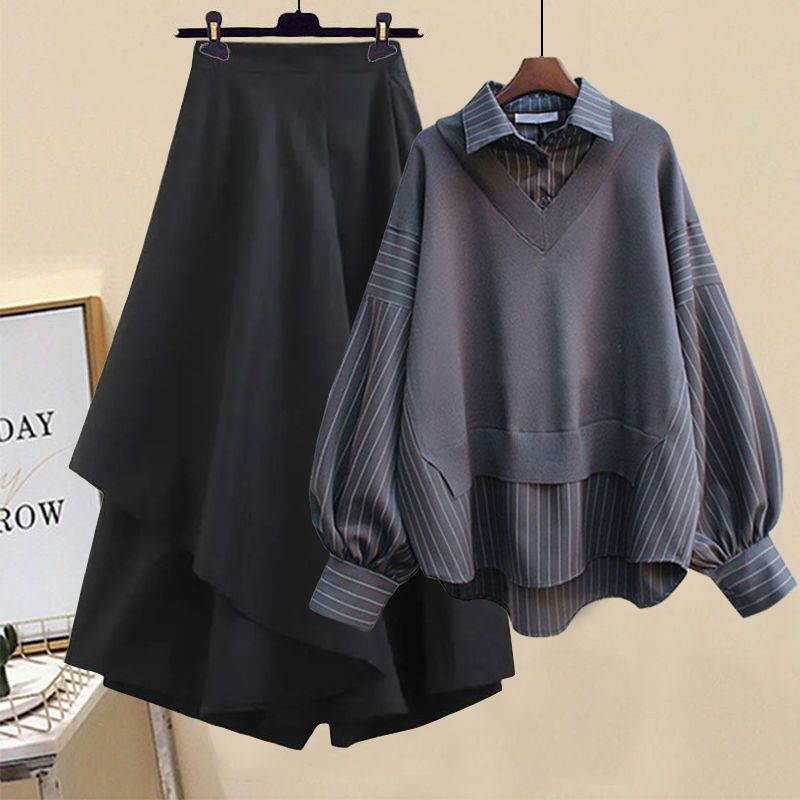 New Waisted Shirt Half-body Skirt Trousers Two-piece Set