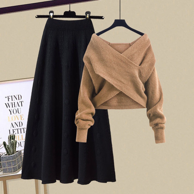 New Lazy Knit V-neck Jumper Half-body Skirt Two-piece Set