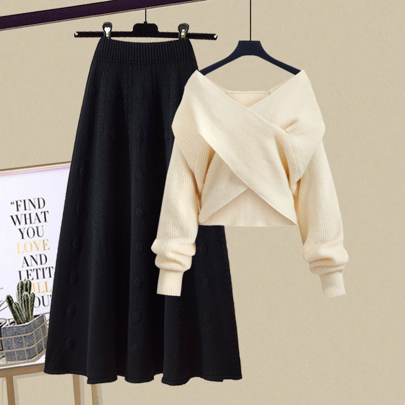 New Lazy Knit V-neck Jumper Half-body Skirt Two-piece Set