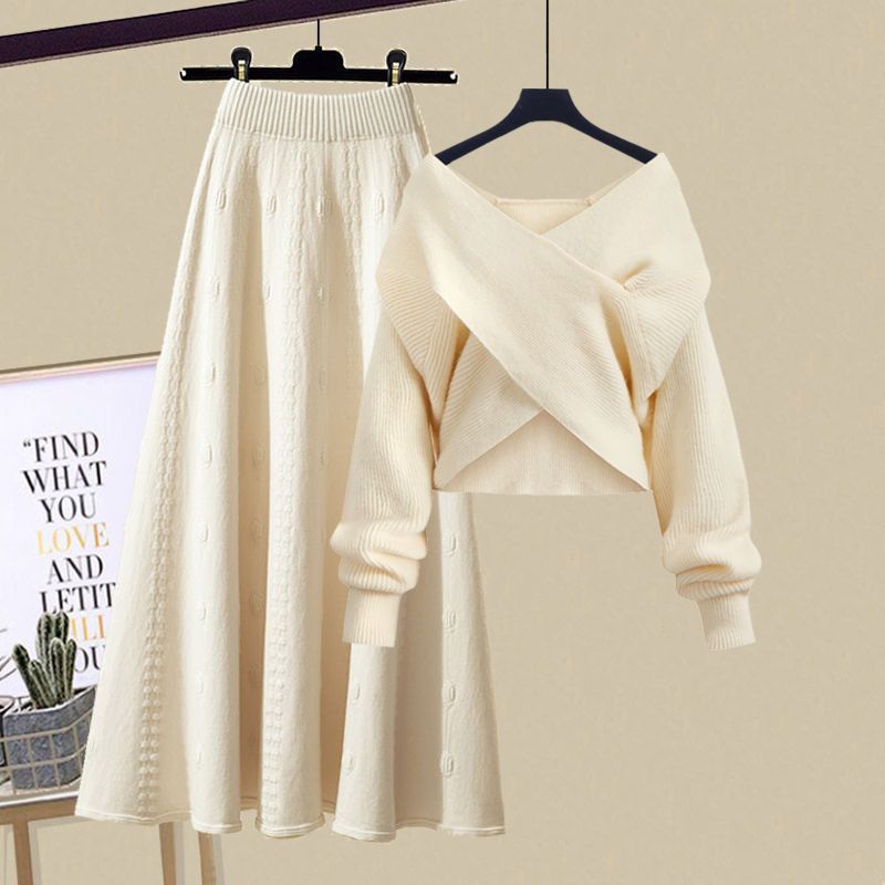 New Design Knit V-neck Jumper Half-body Skirt Two-piece Set