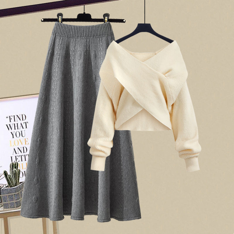 New Design Knit V-neck Jumper Half-body Skirt Two-piece Set