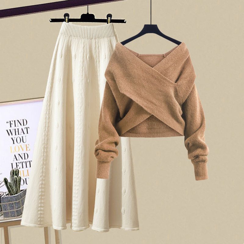 New Design Knit V-neck Jumper Half-body Skirt Two-piece Set