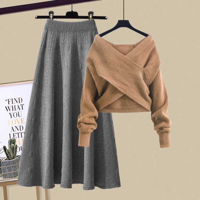 New Design Knit V-neck Jumper Half-body Skirt Two-piece Set