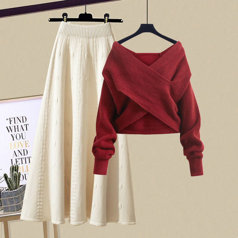 New Design Knit V-neck Jumper Half-body Skirt Two-piece Set