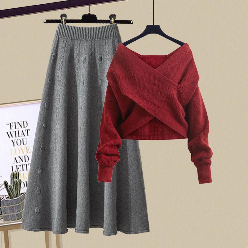 New Design Knit V-neck Jumper Half-body Skirt Two-piece Set