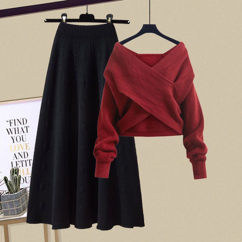 New Design Knit V-neck Jumper Half-body Skirt Two-piece Set