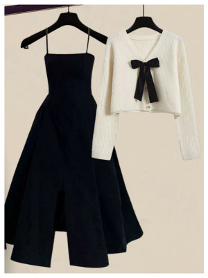 Bow short knit top and irregular slip skirt 2-piece set