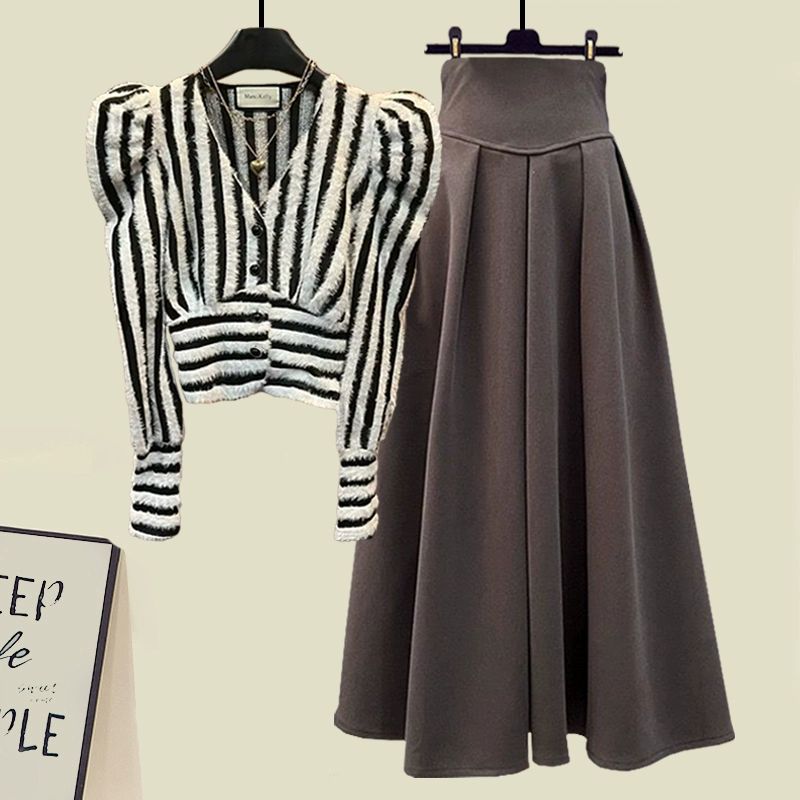 Puffed sleeve striped top and skirt 2-piece set