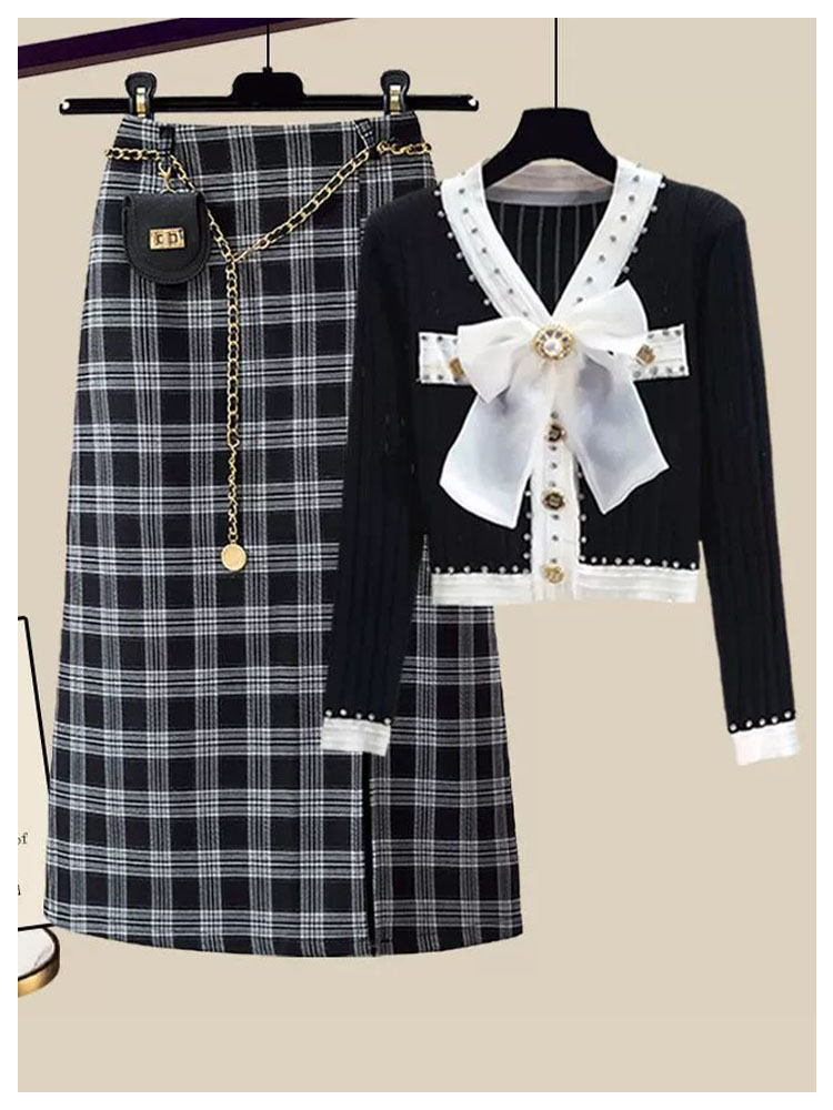 Pearl button bow blouse and straight skirt 2 sets