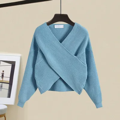V-neck crossover design long sleeve knit sweater
