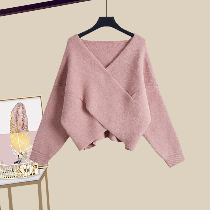 V-neck crossover design long sleeve knit sweater