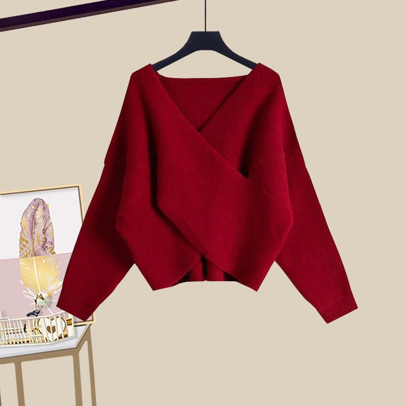 V-neck crossover design long sleeve knit sweater