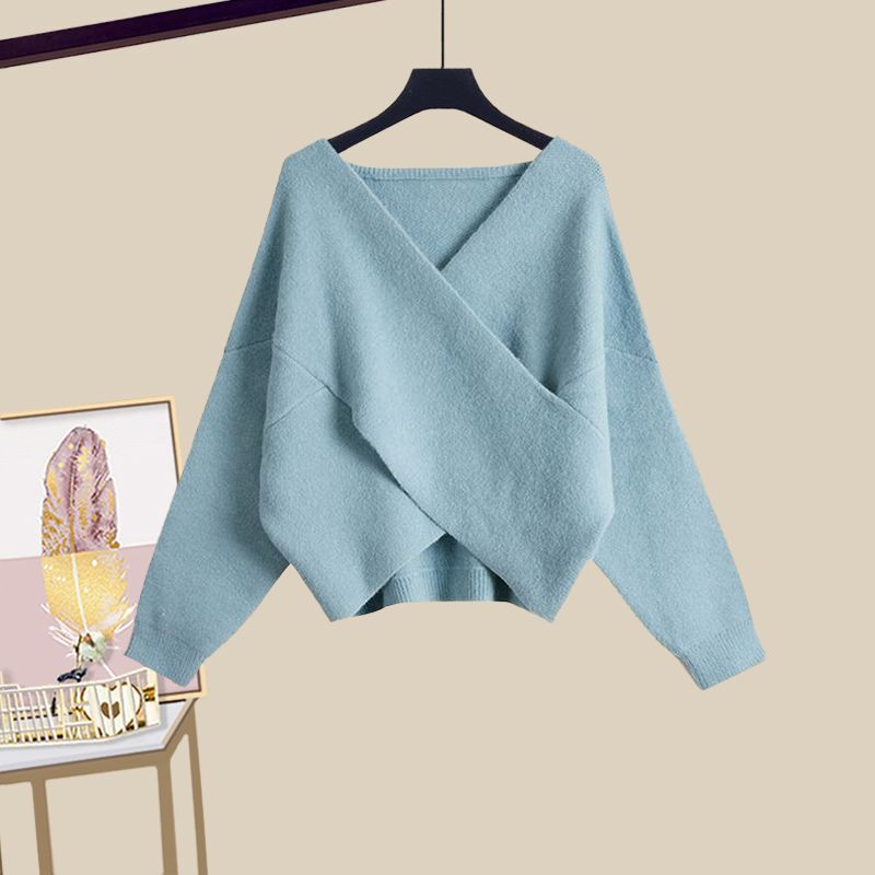 V-neck crossover design long sleeve knit sweater