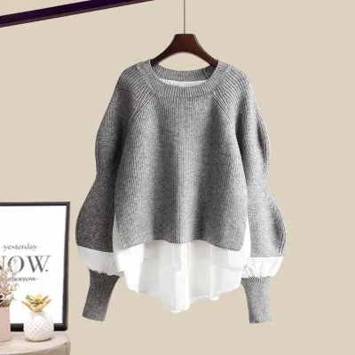 Round-neck mock two-piece long sleeve sweater top