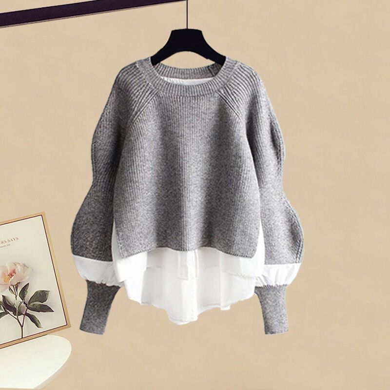 Round-neck mock two-piece long sleeve sweater top