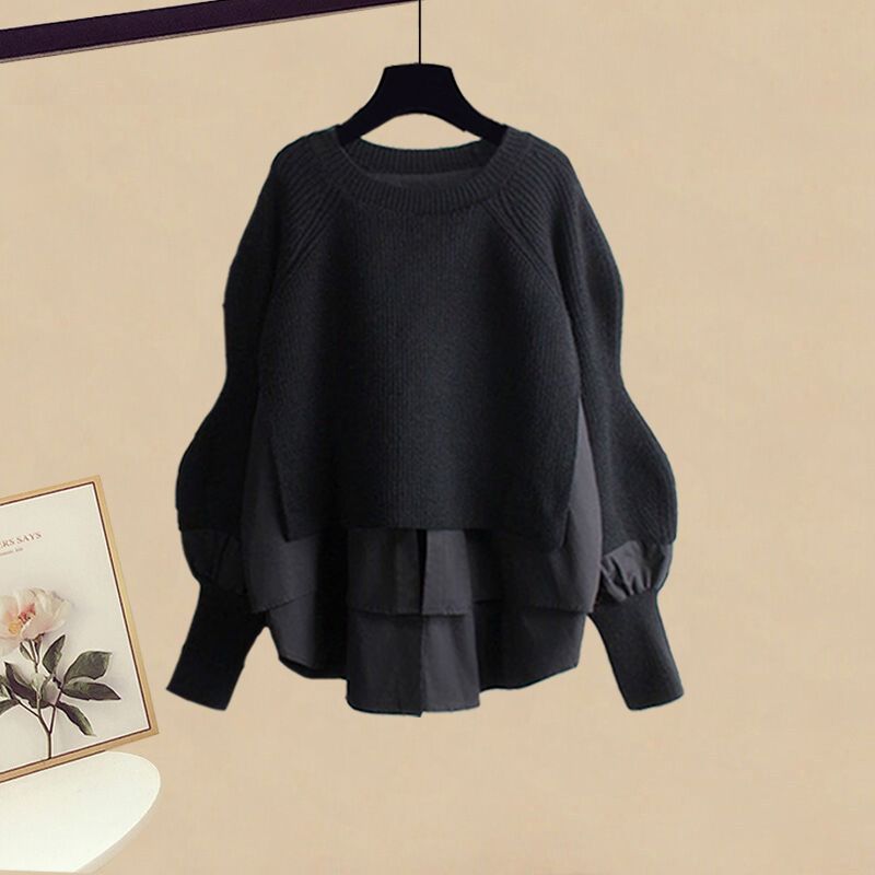 Round-neck mock two-piece long sleeve sweater top