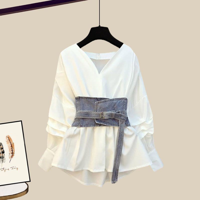 White shirt denim waistband two-piece top