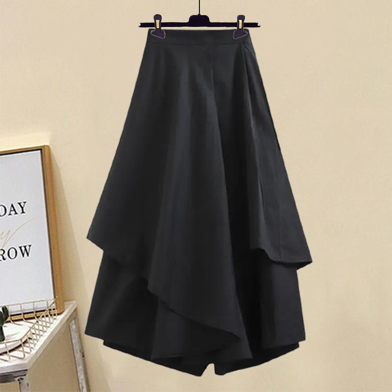High-waisted irregular hem midi skirt