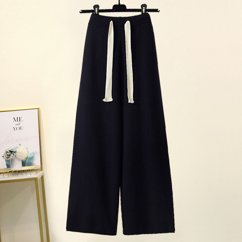 Solid color high-waisted knit wide-leg pants