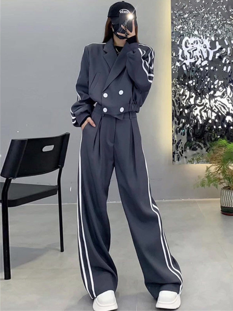 New Thickened Striped Jacket High-waisted Wide-leg Trousers Two-piece Set