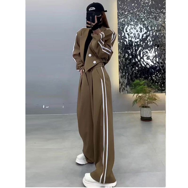 New Thickened Striped Jacket High-waisted Wide-leg Trousers Two-piece Set