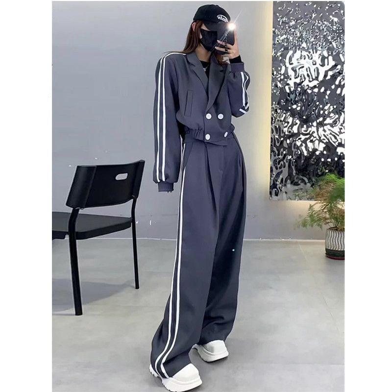 New Thickened Striped Jacket High-waisted Wide-leg Trousers Two-piece Set