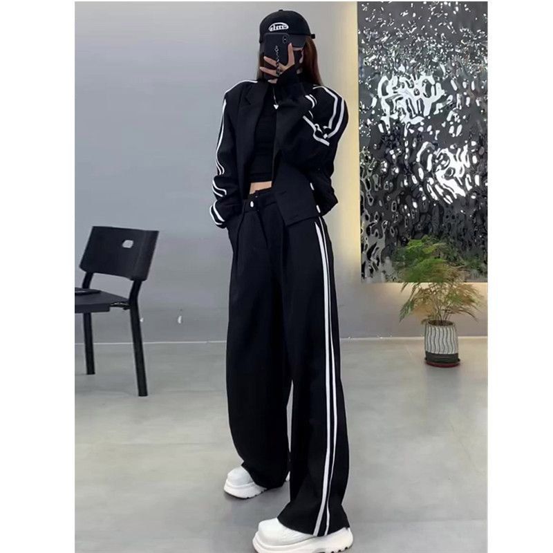 New Thickened Striped Jacket High-waisted Wide-leg Trousers Two-piece Set