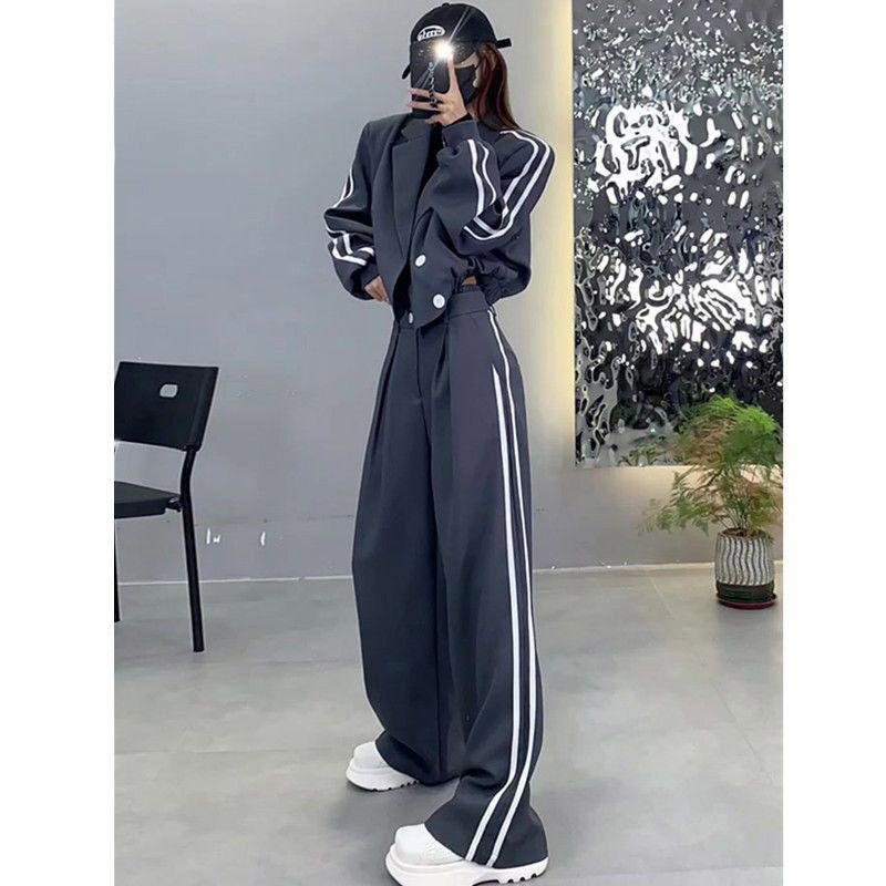 New Thickened Striped Jacket High-waisted Wide-leg Trousers Two-piece Set