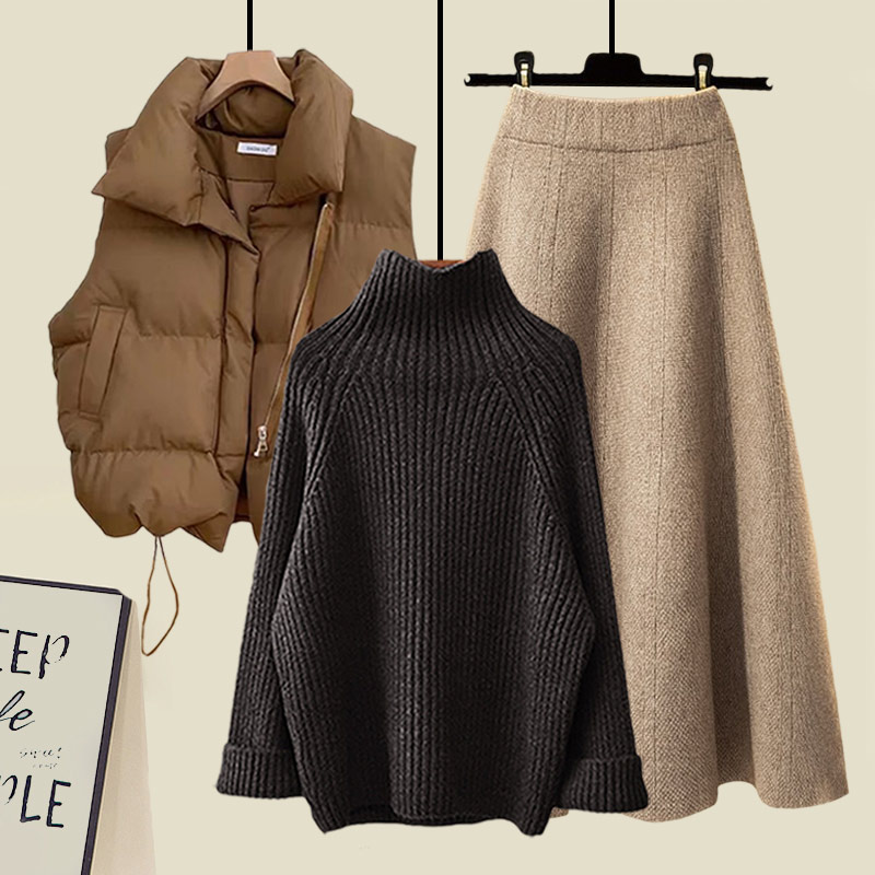 Fashion waistcoat sweater skirt three-piece set - Simple Cotton Linen