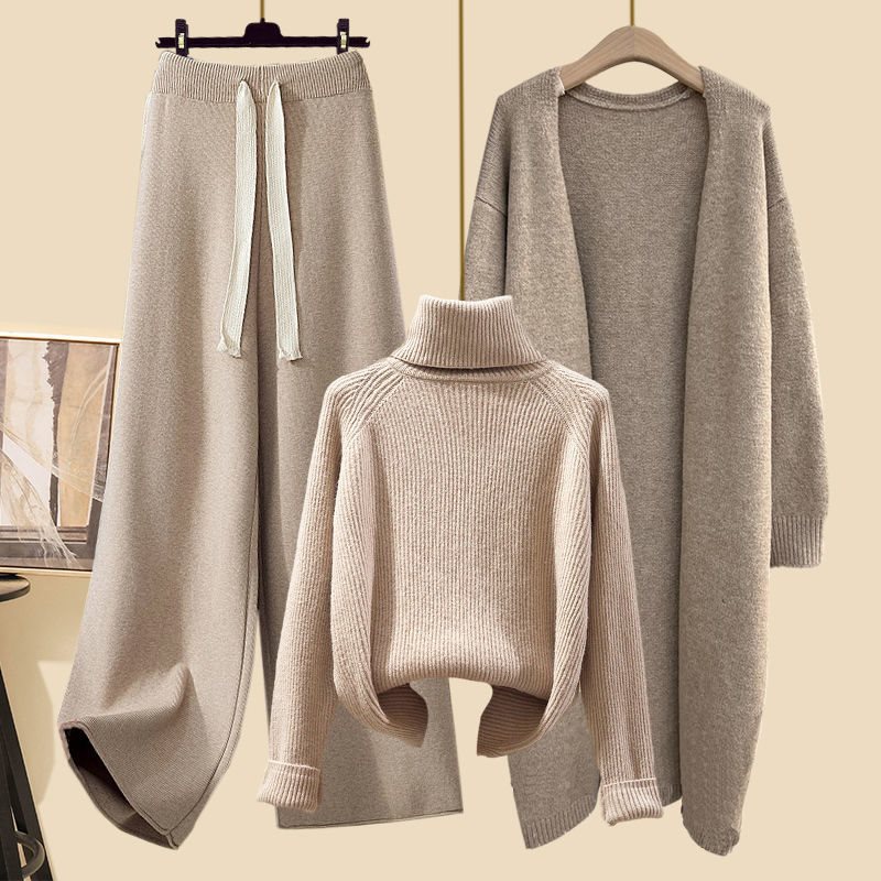 Winter Lazy Style High Collar Sweater Wide Leg Pants Long Cardigan Three-piece Set