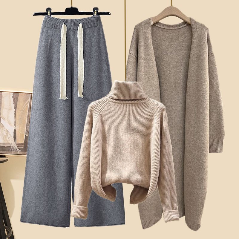 Winter Lazy Style High Collar Sweater Wide Leg Pants Long Cardigan Three-piece Set