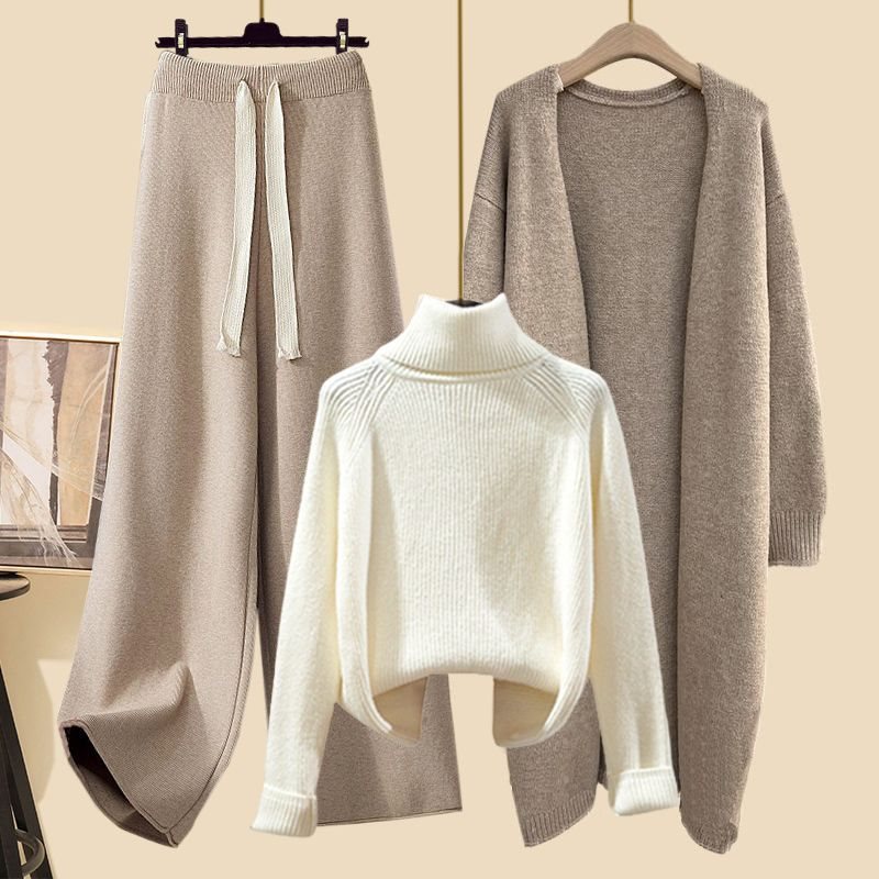 Winter Lazy Style High Collar Sweater Wide Leg Pants Long Cardigan Three-piece Set