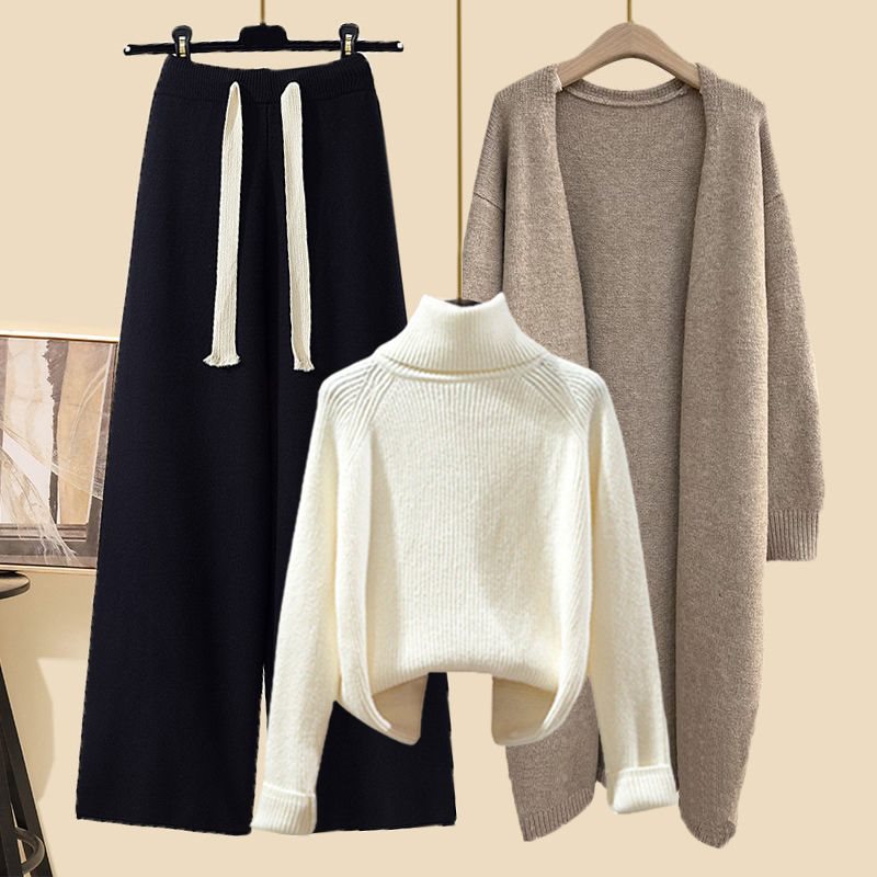 Winter Lazy Style High Collar Sweater Wide Leg Pants Long Cardigan Three-piece Set