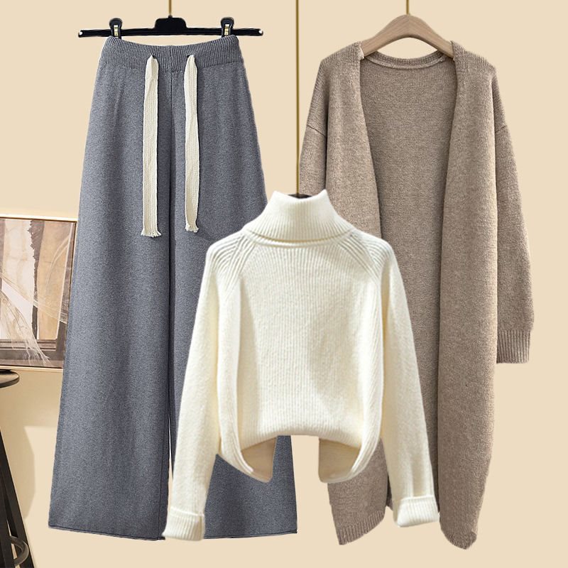 Winter Lazy Style High Collar Sweater Wide Leg Pants Long Cardigan Three-piece Set