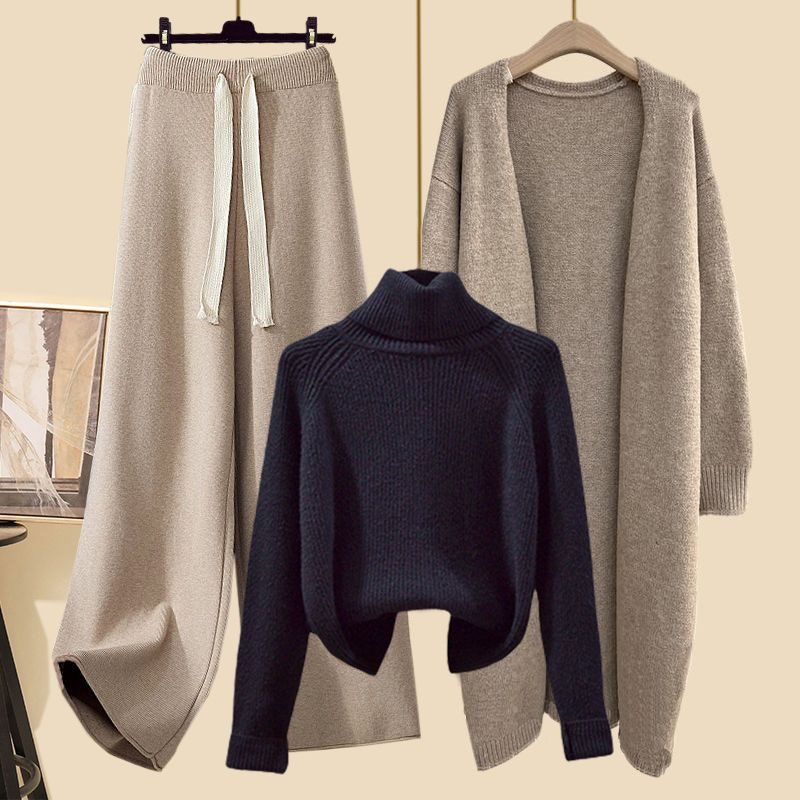 Winter Lazy Style High Collar Sweater Wide Leg Pants Long Cardigan Three-piece Set