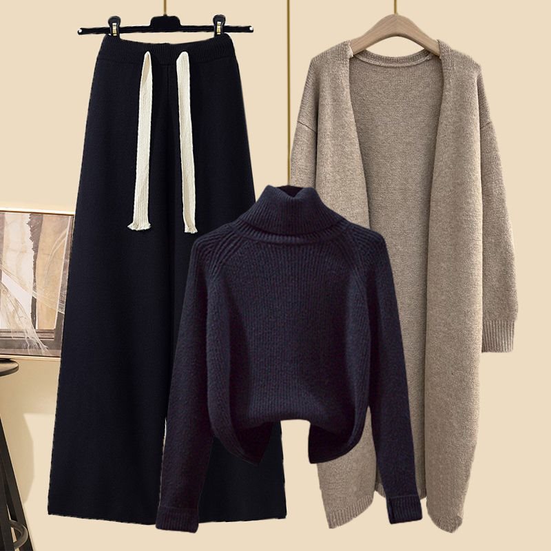 Winter Lazy Style High Collar Sweater Wide Leg Pants Long Cardigan Three-piece Set